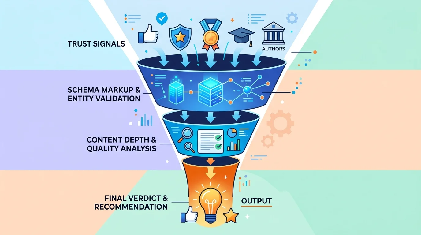 AI recommendation funnel from authority signals to schema validation to single verdict output