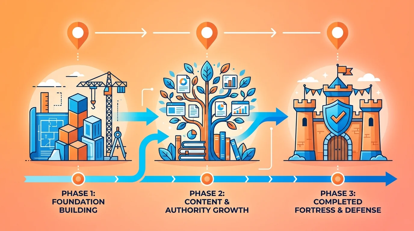 Answer Moat building timeline from foundation to defensive competitive lockout