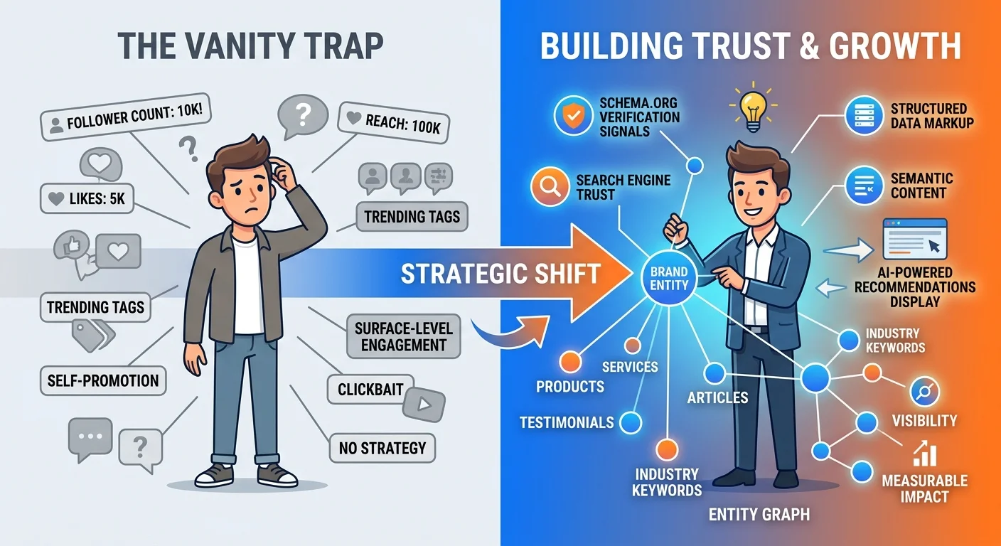 Comparison between ineffective personal branding tactics and strategic founder entity optimization for AI