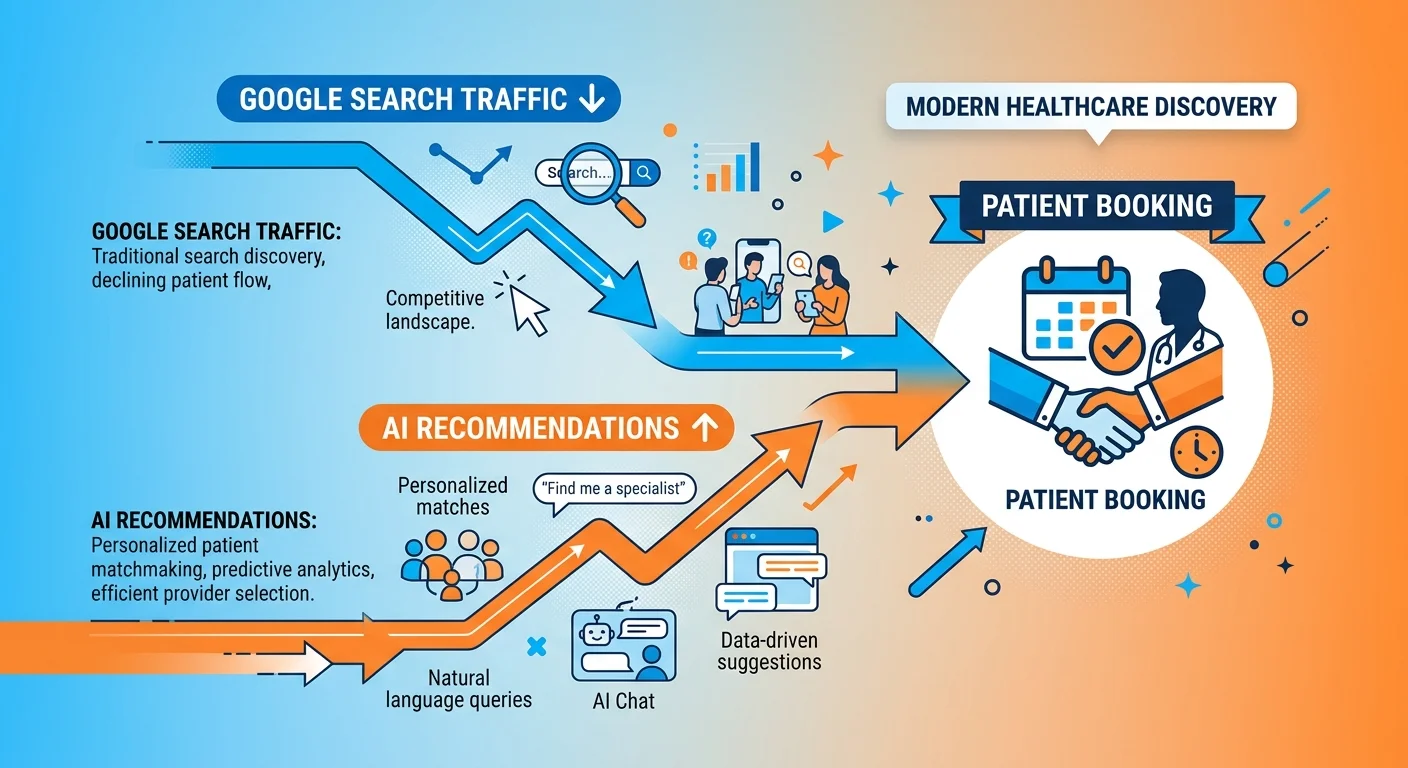 Comparison of declining Google search traffic versus rising AI recommendation pathway