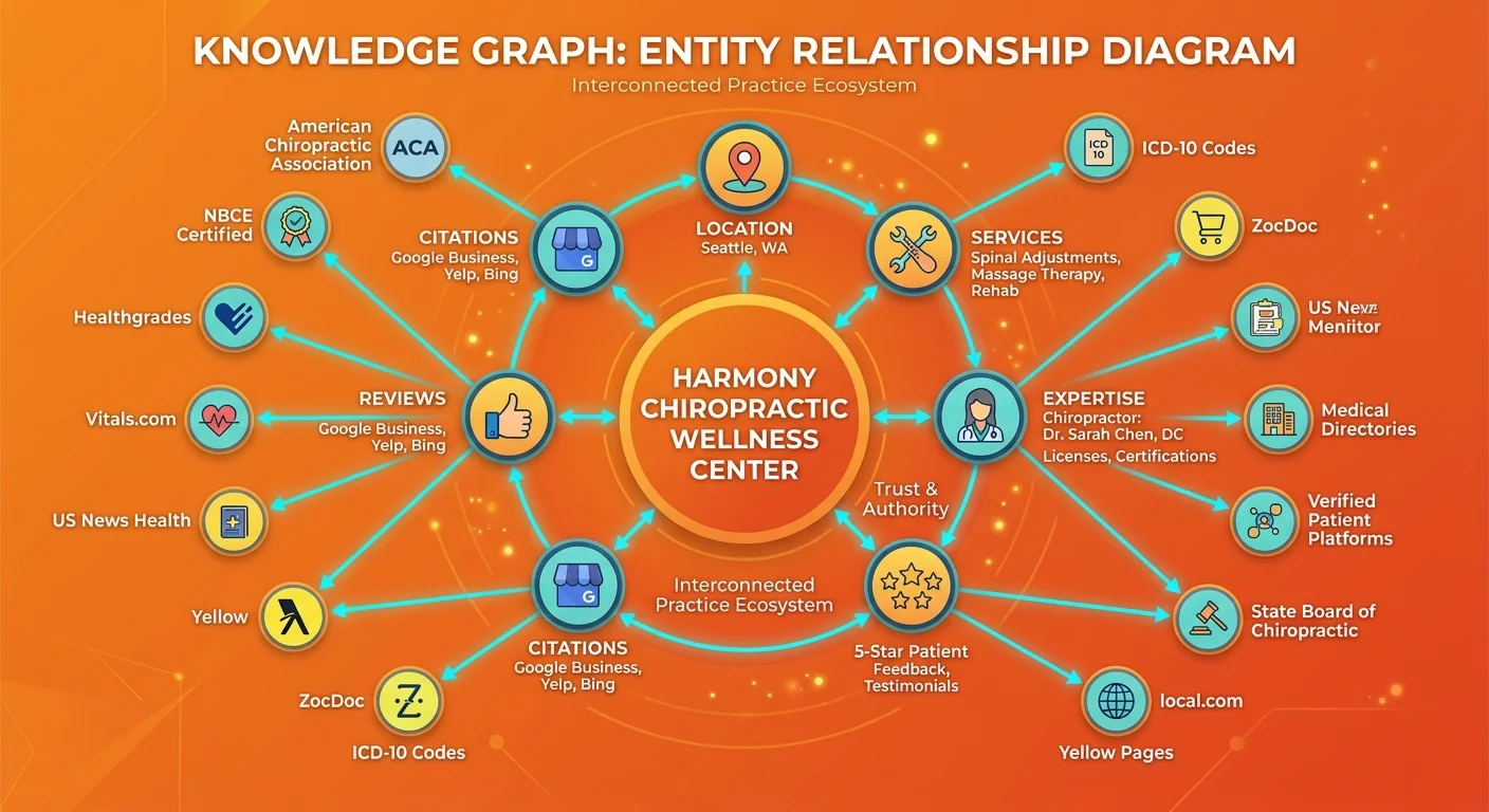 Knowledge graph visualization showing chiropractic practice entity connected to location services expertise and authoritative external sources