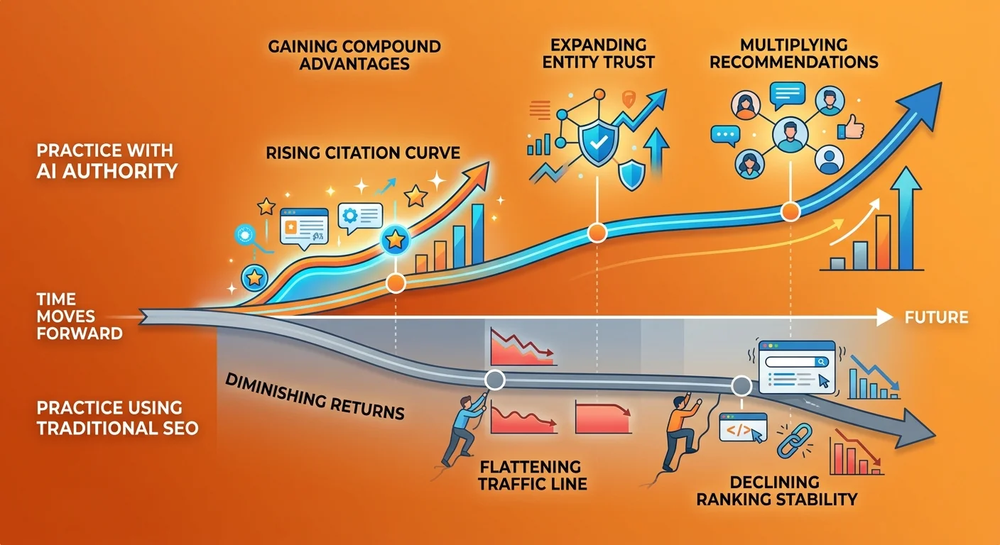 Timeline comparison showing AI authority compound advantages versus traditional SEO diminishing returns