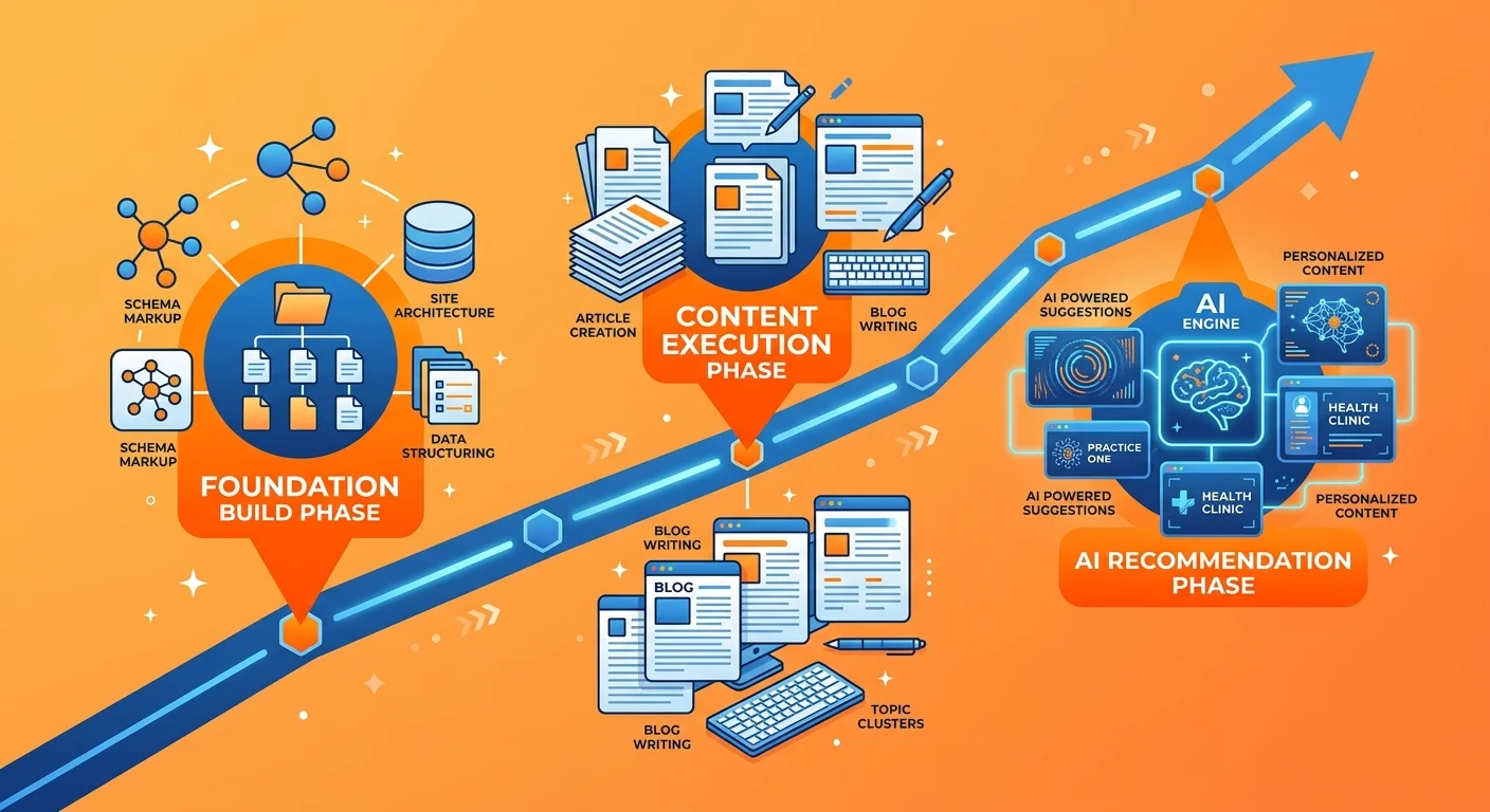 Timeline showing authority building phases from infrastructure to AI recommendation