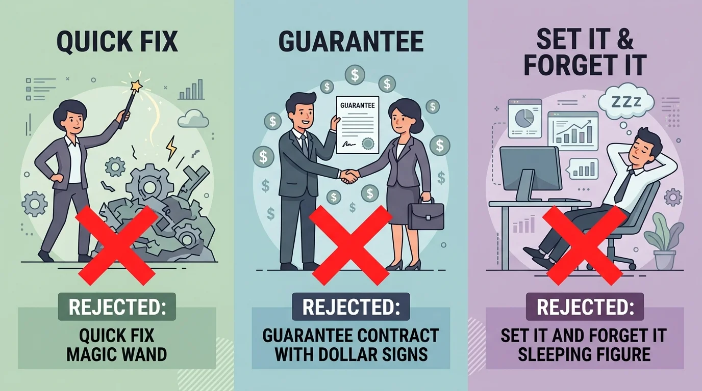 Rejected approaches to AI authority including quick fixes guarantees and set-it-and-forget-it strategies