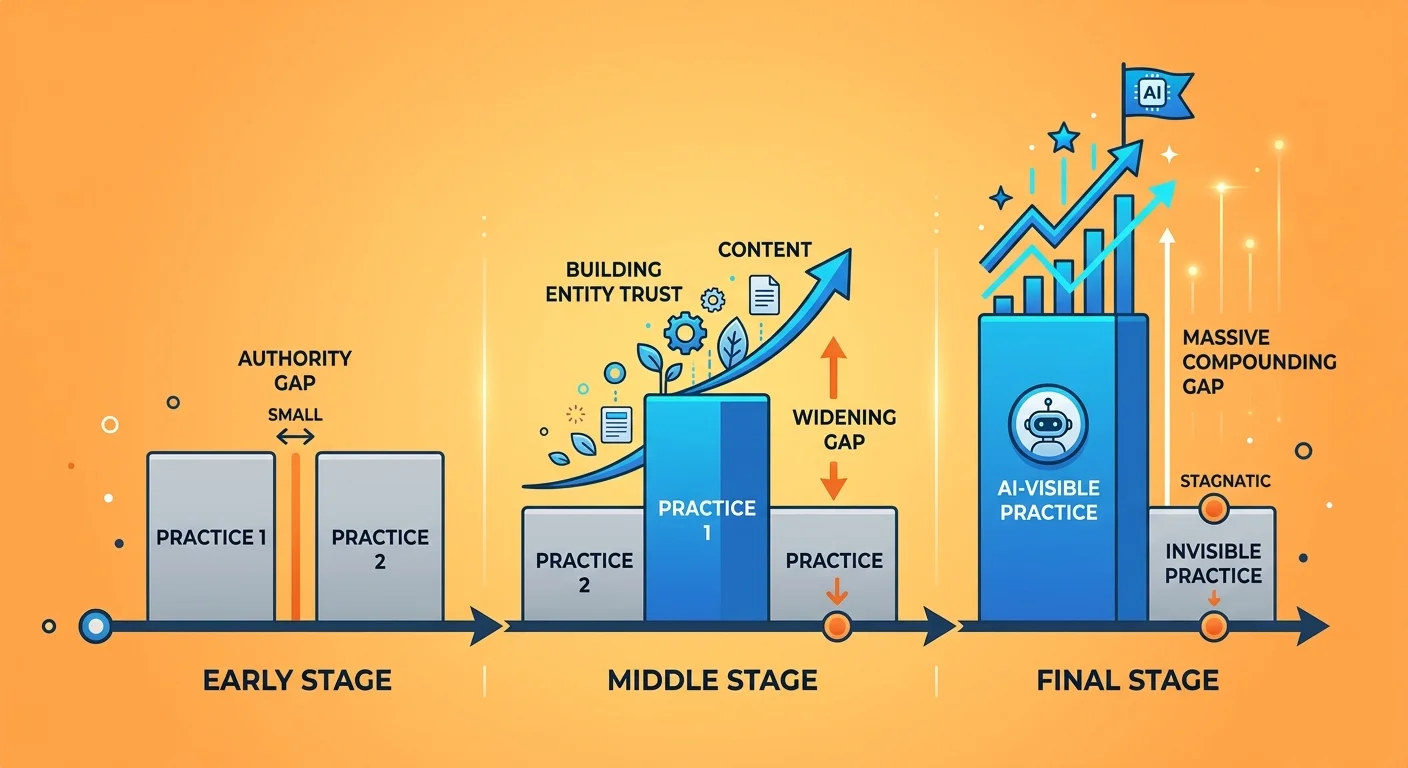 Authority compounding timeline showing exponential gap widening between invisible practice and competitor building AI infrastructure over 12 months
