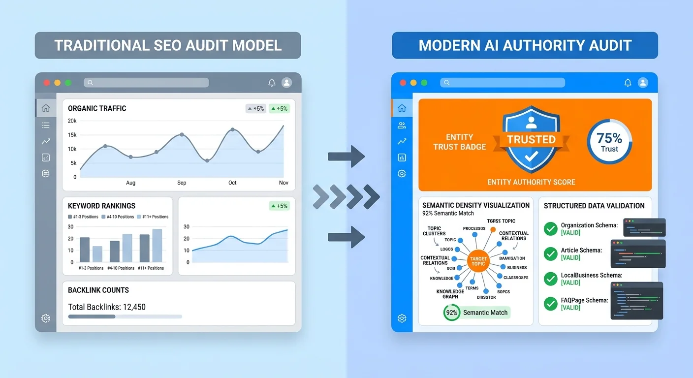 Comparison of traditional SEO audit metrics versus Authority Infrastructure Audit signals for AI visibility