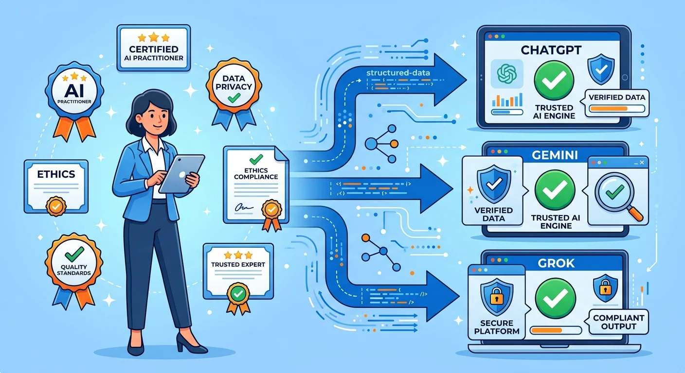 E-E-A-T authority signals flowing from practitioner credentials to AI engine verification systems