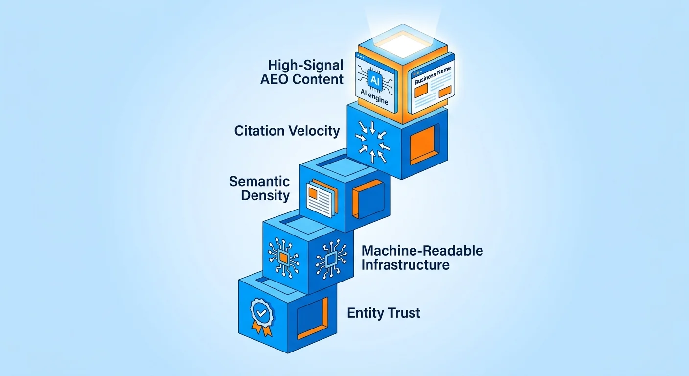 Five core components of an AI Authority Engine displayed as interconnected building blocks from foundation to AI recommendation