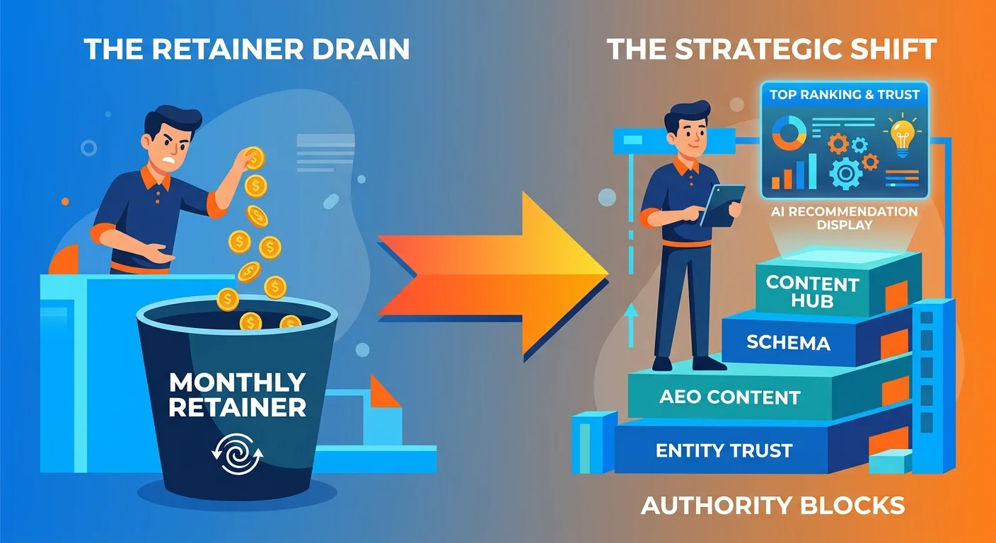 Monthly retainer visibility trap versus authority asset investment comparison