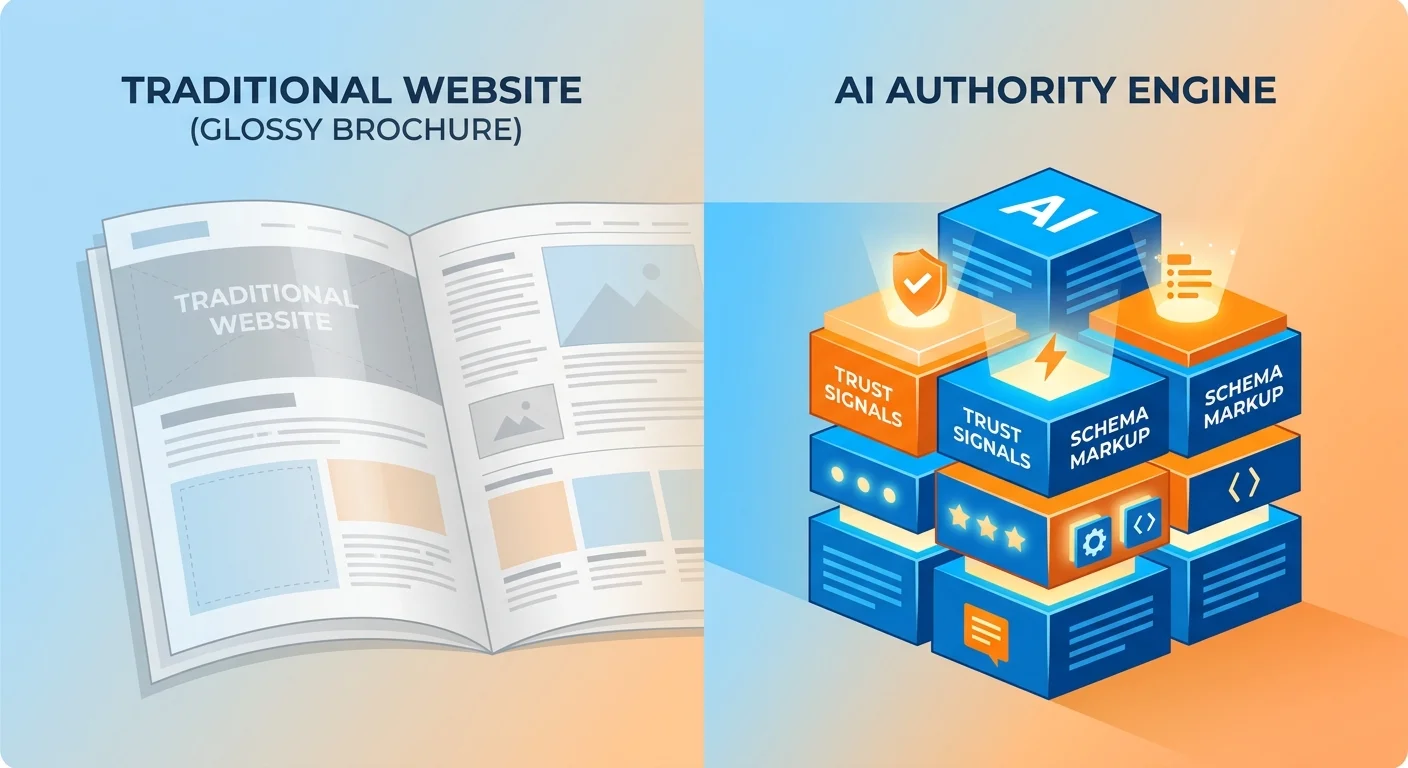 Visual comparison between a traditional website as a digital brochure and an AI Authority Engine as trust infrastructure