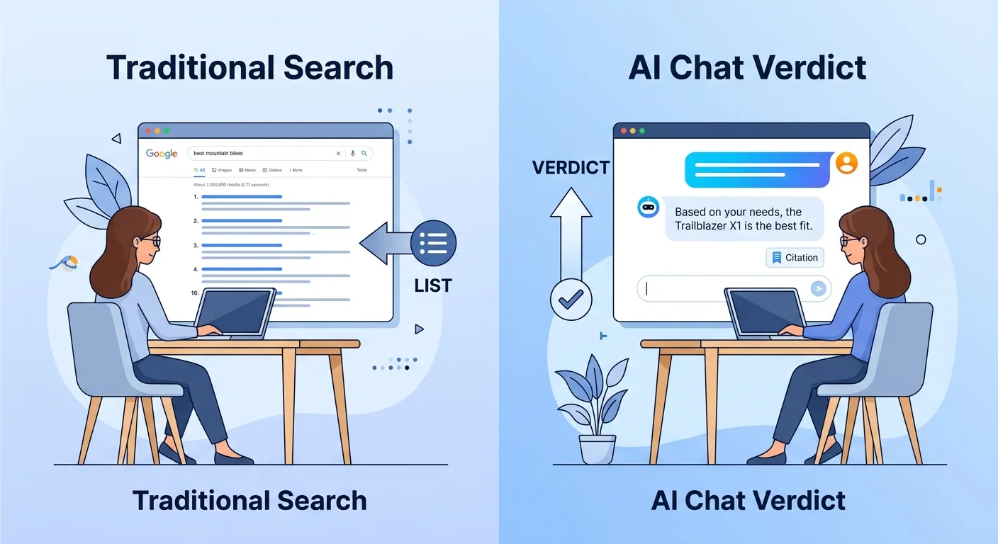 Visual comparison of traditional Google search results list versus AI search single verdict recommendation