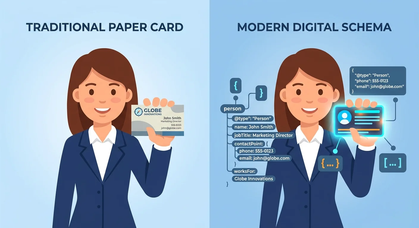 Visual comparison of traditional business identity versus machine readable entity identity with schema markup
