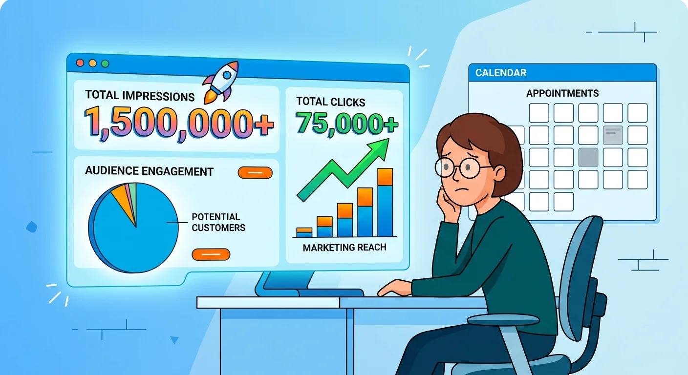 chiropractic vanity metrics dashboard showing impressions versus empty patient bookings