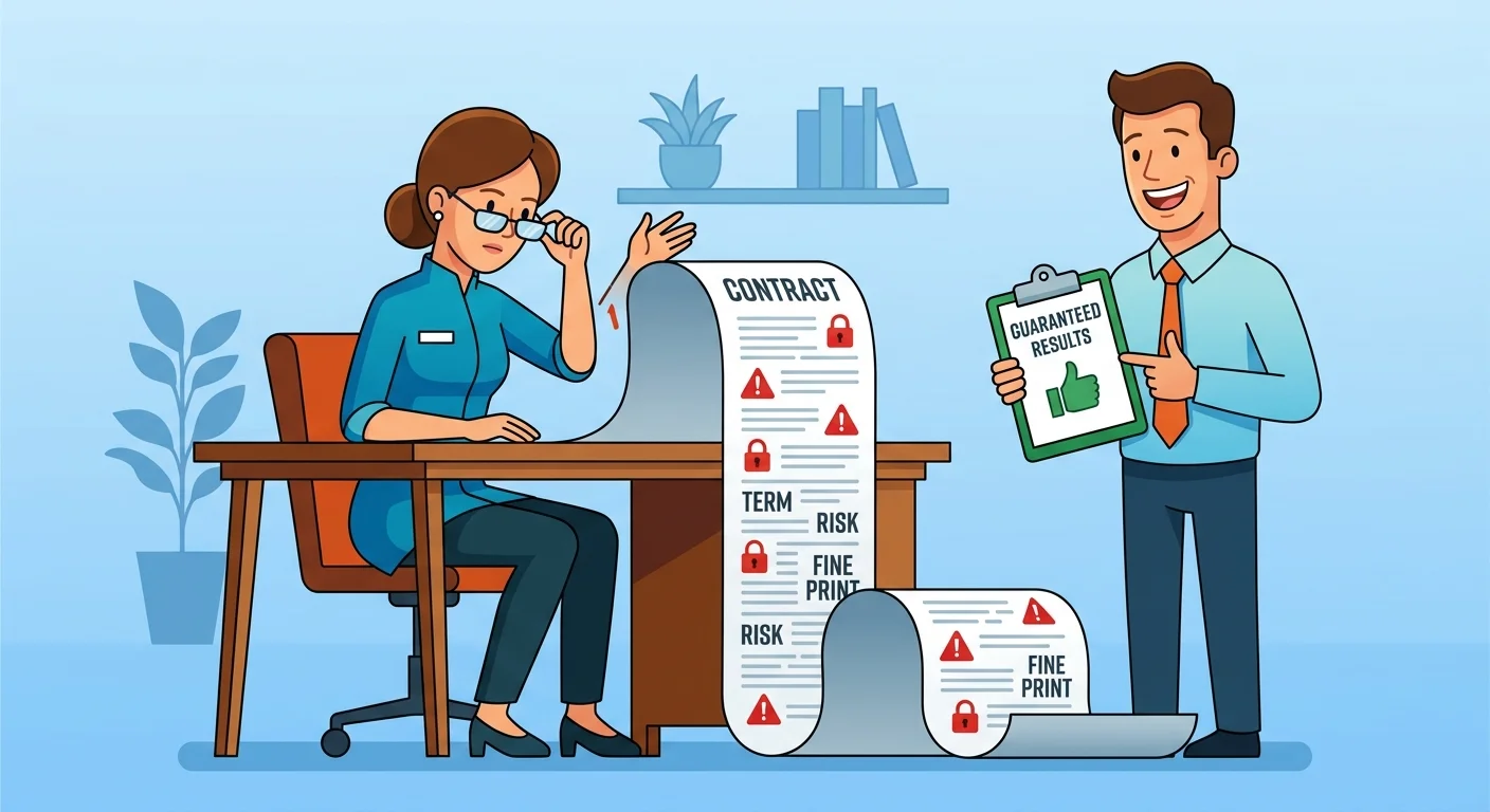 chiropractor reviewing agency contract with hidden lock-in clauses and false guarantees