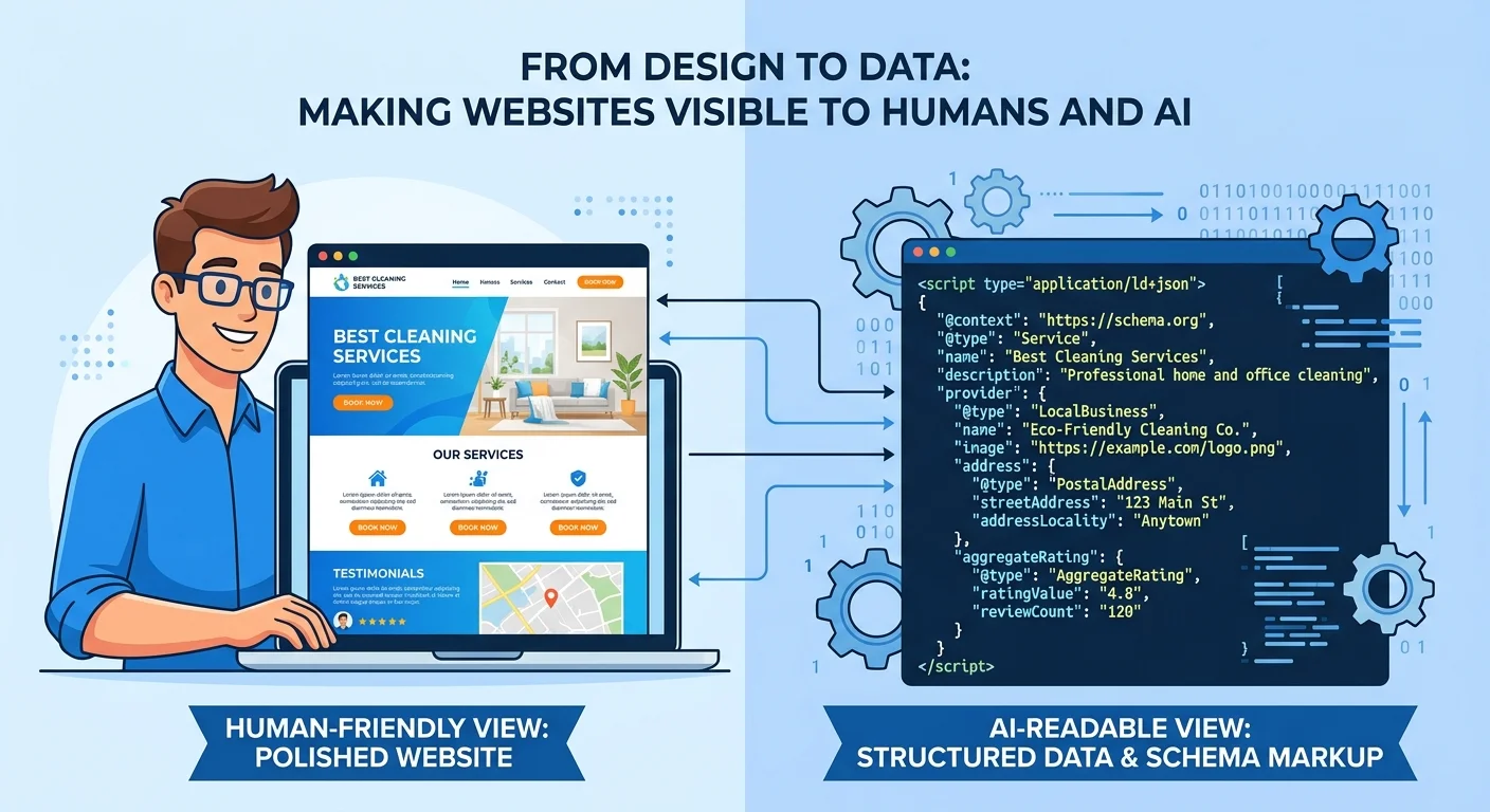 comparison of human view versus AI view of website showing design versus structured data