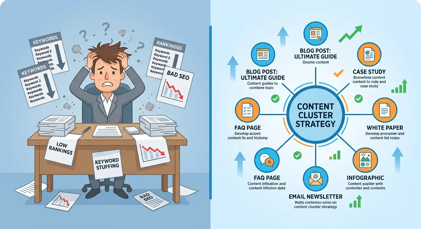 comparison of scattered keyword strategy versus organized content cluster strategy for AEO