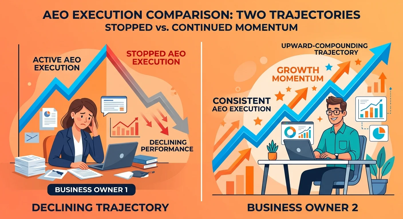 AEO execution comparison showing authority growth versus authority decay trajectory