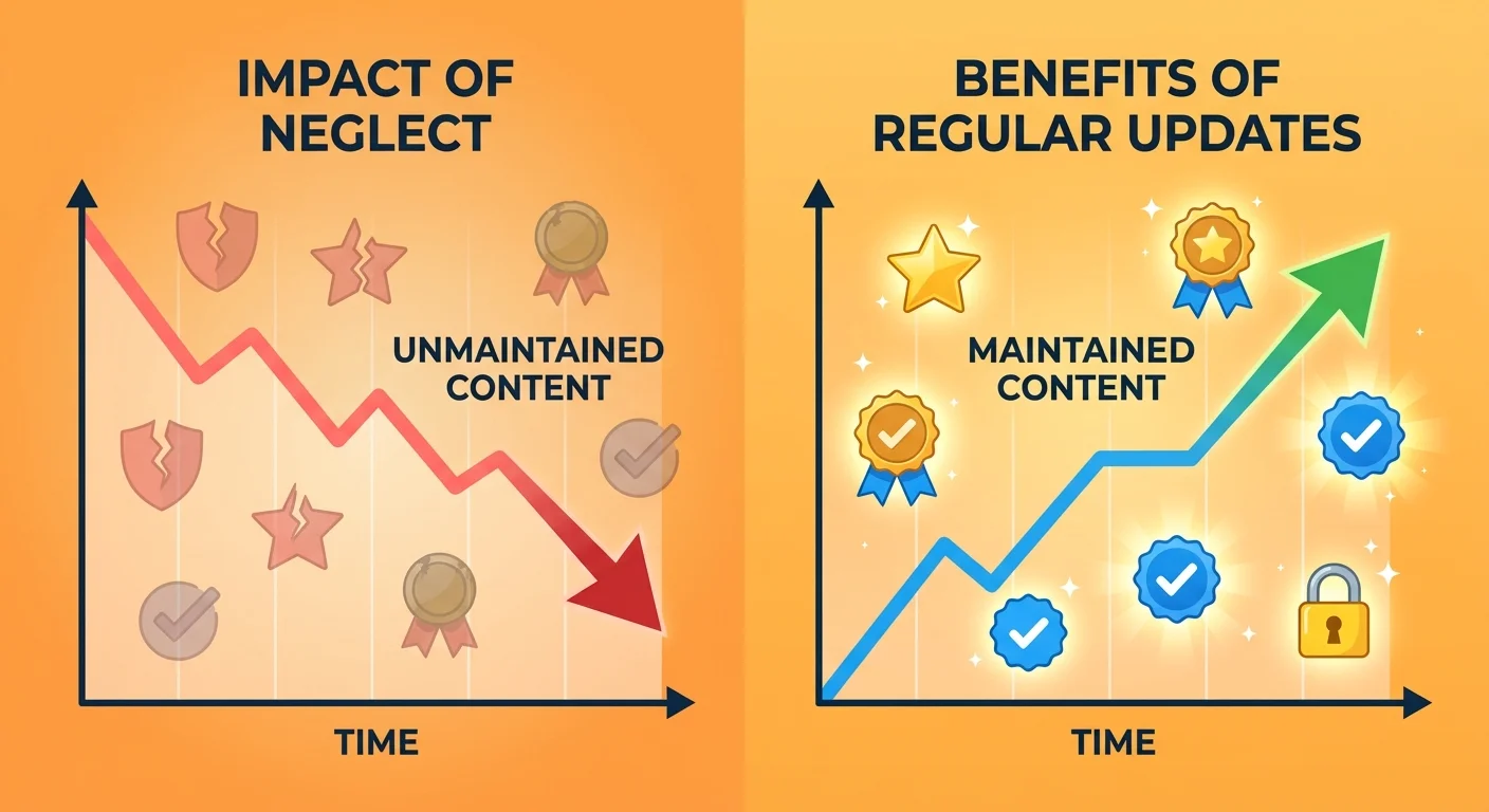 Authority decay comparison showing maintained versus unmaintained content traffic trajectories