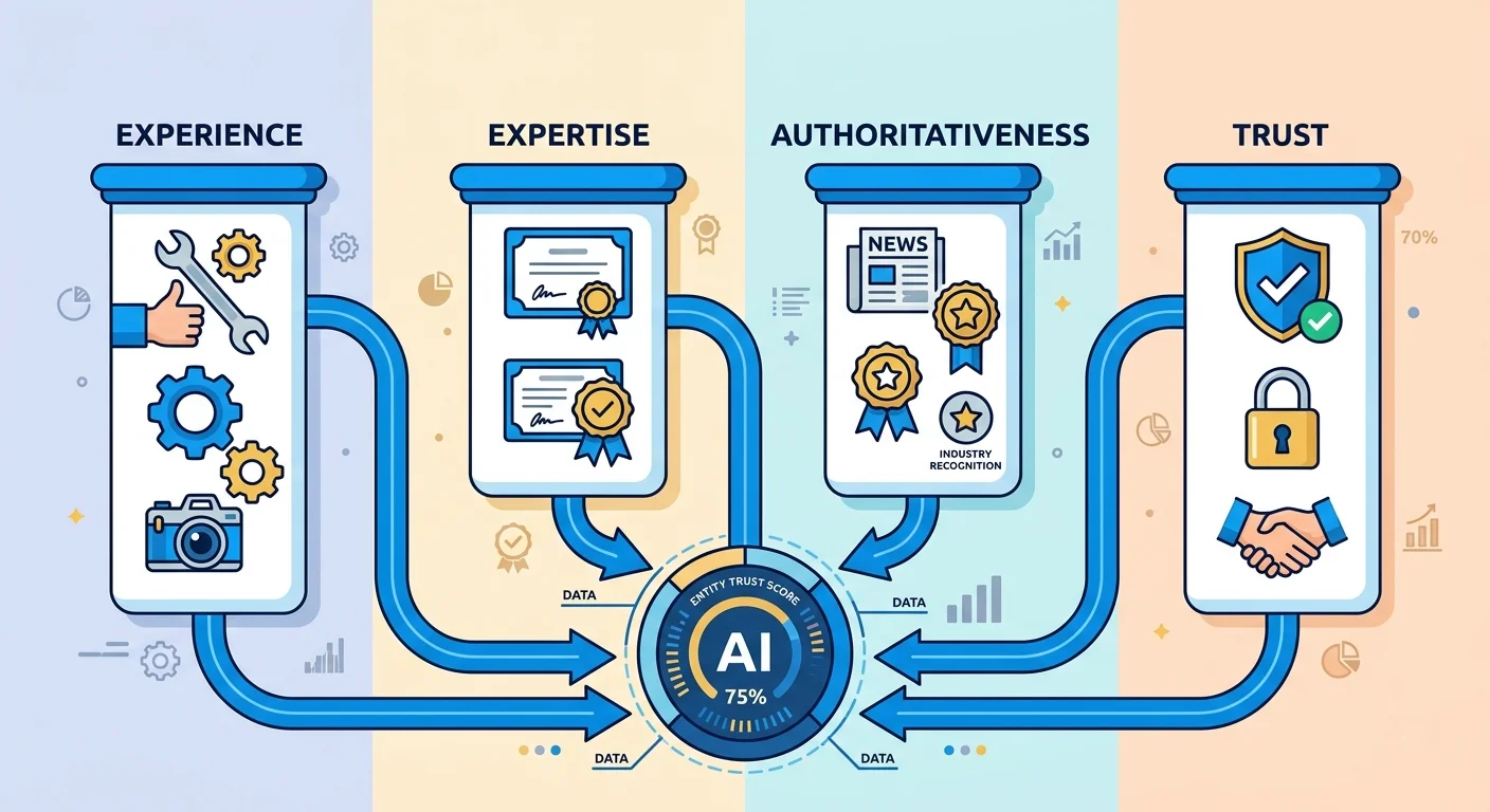 Four E-E-A-T components feeding entity trust signals into AI evaluation system