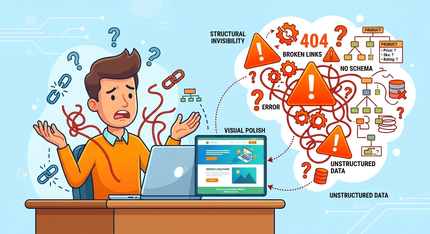 Illustration of the disconnect between visually appealing websites and broken entity identity without proper schema