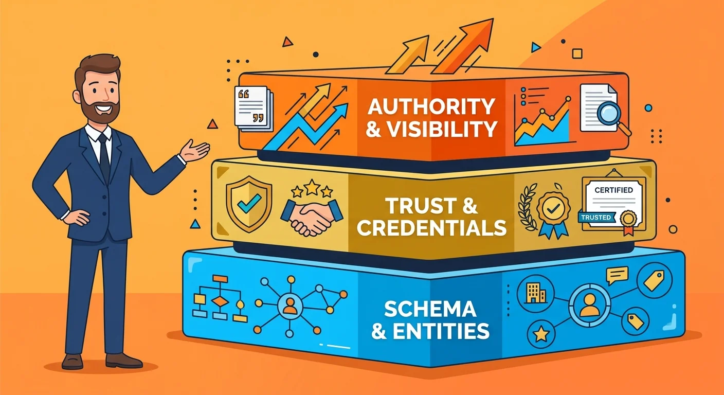 Three core layers of an Authority Engine showing AI-readable infrastructure, verified entity trust, and citation velocity