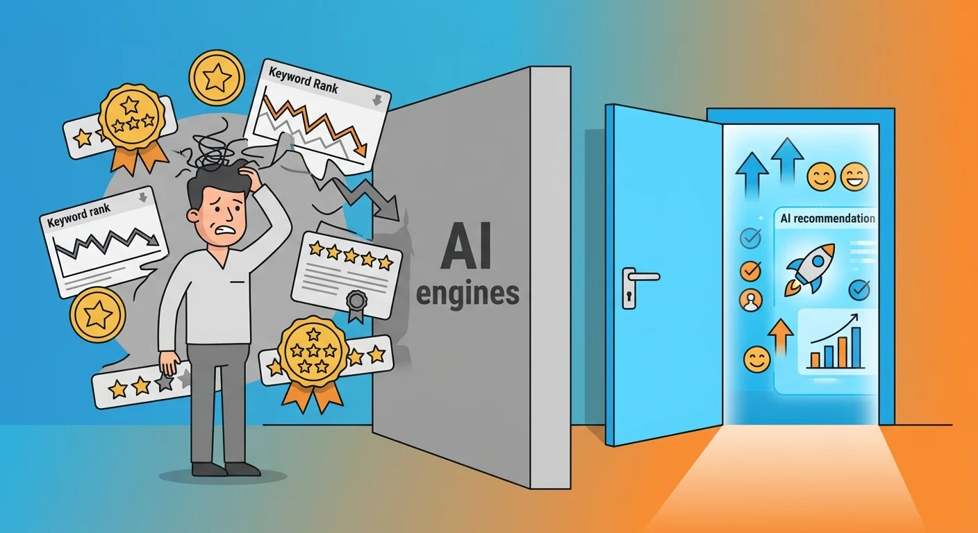 Traditional SEO and reviews blocked from AI engine recommendations versus entity trust pathway