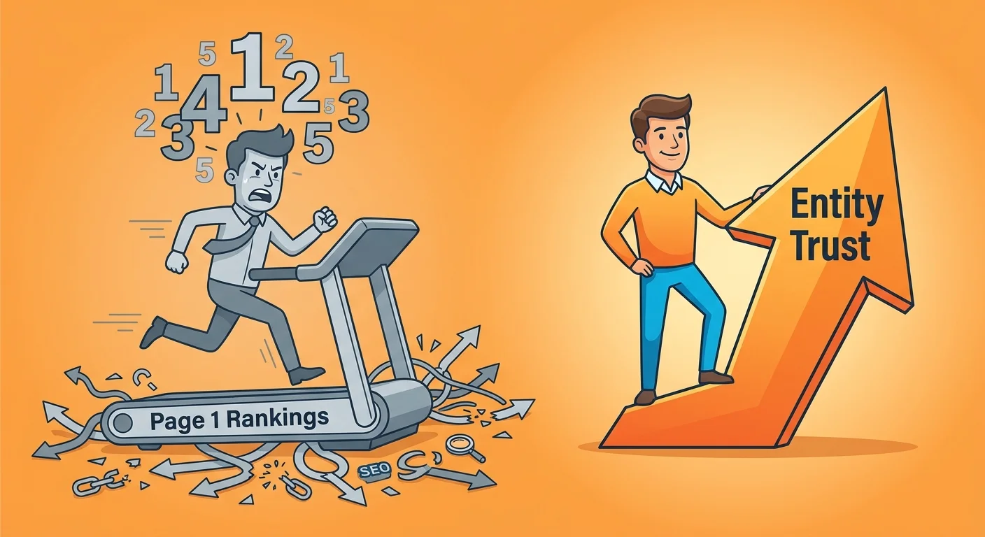 Traditional SEO ranking treadmill compared to entity trust building approach