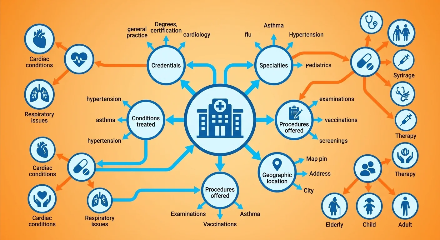 semantic entity hub architecture showing medical practice entity with attributes and relationships