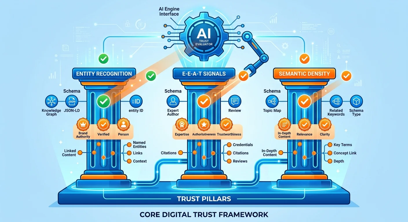 three pillars AI engines track for authority entity recognition E-E-A-T and semantic density