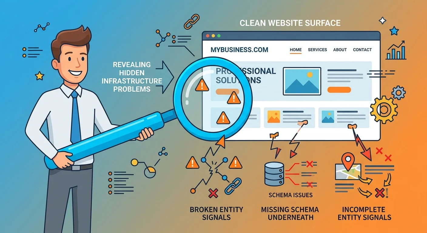Authority Infrastructure Audit revealing hidden entity trust and schema failures beneath website surface