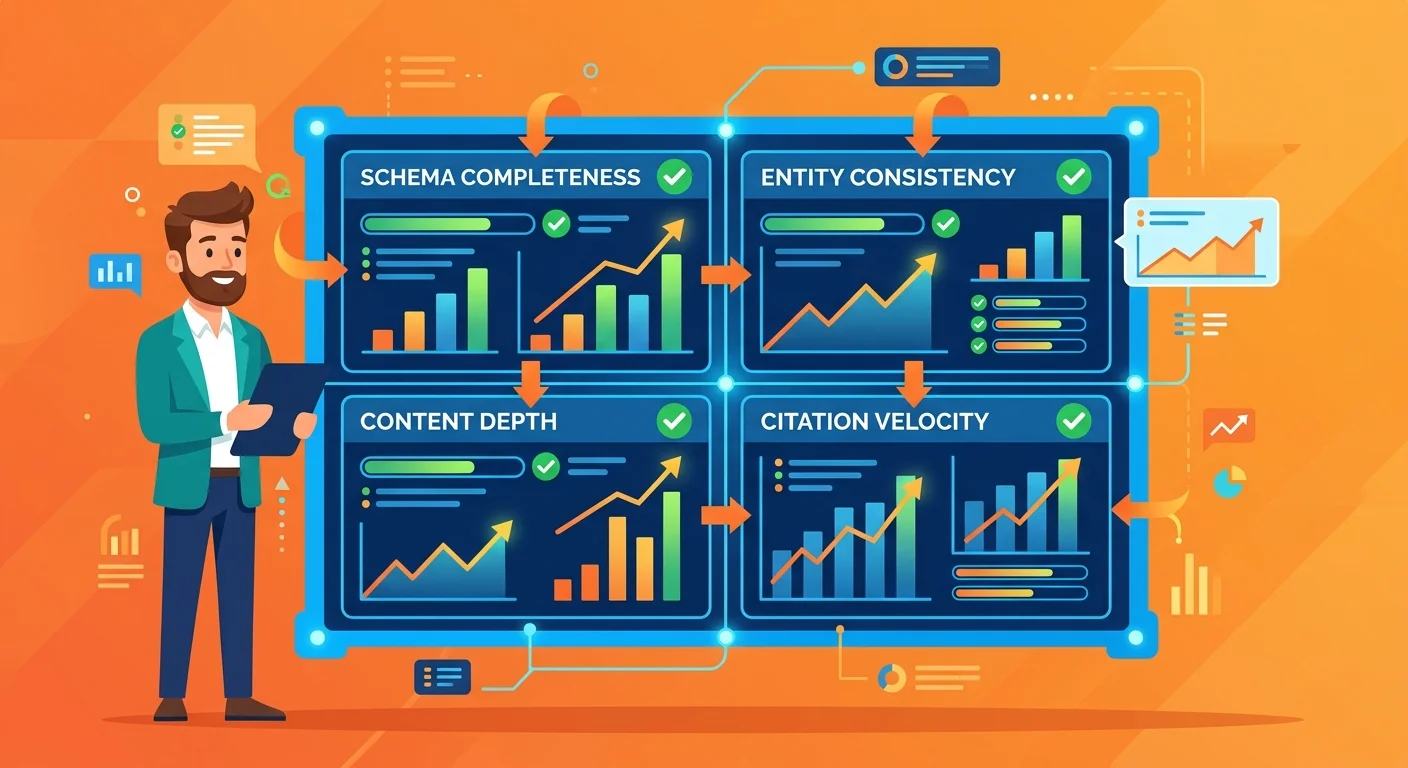 Authority Infrastructure measurement dashboard showing schema entity consistency content depth and citation velocity metrics