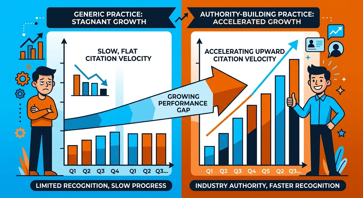 Citation velocity comparison showing compounding authority gap between two practices
