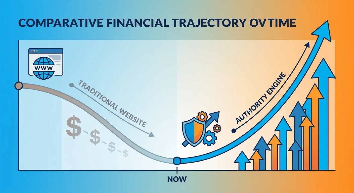 Financial comparison showing traditional website depreciation versus Authority Engine compounding value over time