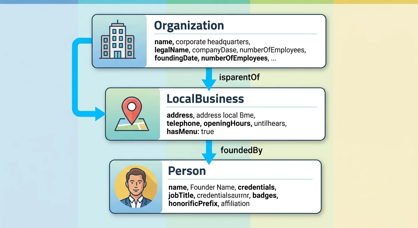Hierarchical diagram of core schema types Organization LocalBusiness and Person showing entity relationships