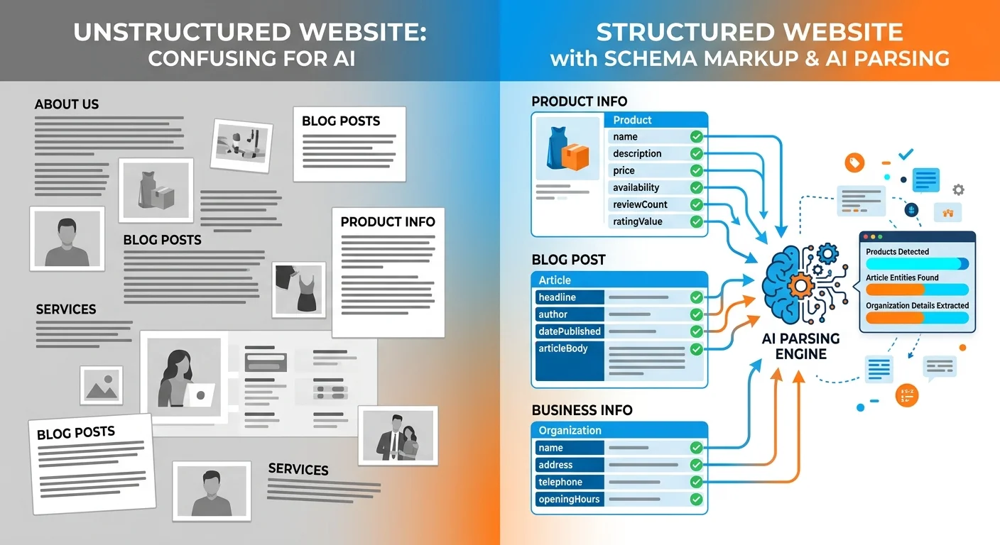 Machine-readable infrastructure transformation from unstructured website to schema-enhanced structured data AI can parse