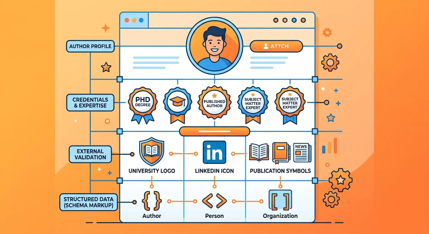 Structured author page architecture with credentials external validation and Schema markup layers
