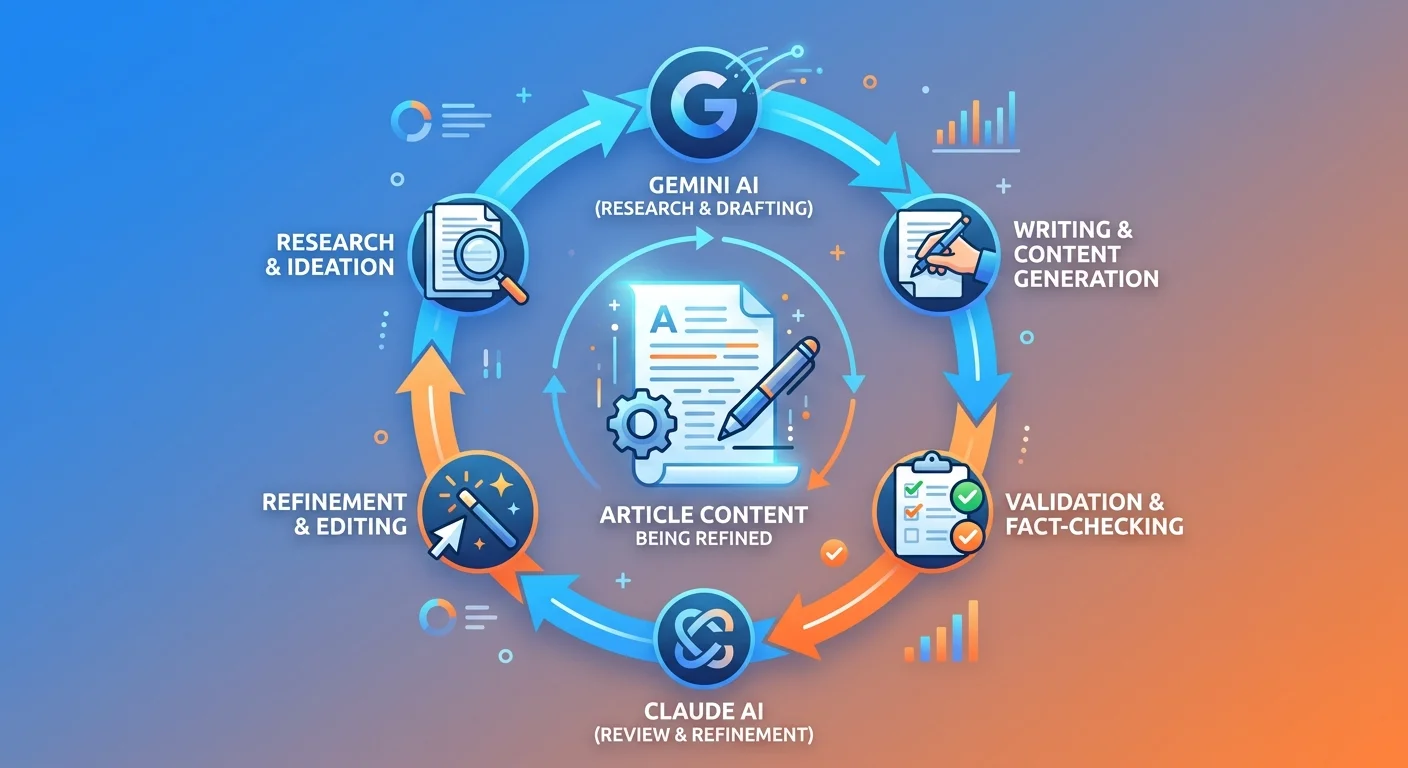 Two-AI Validation System workflow with Gemini research and Claude writing in continuous loop