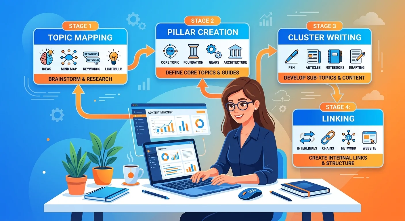 four-step AEO content cluster execution workflow from topic selection to linking