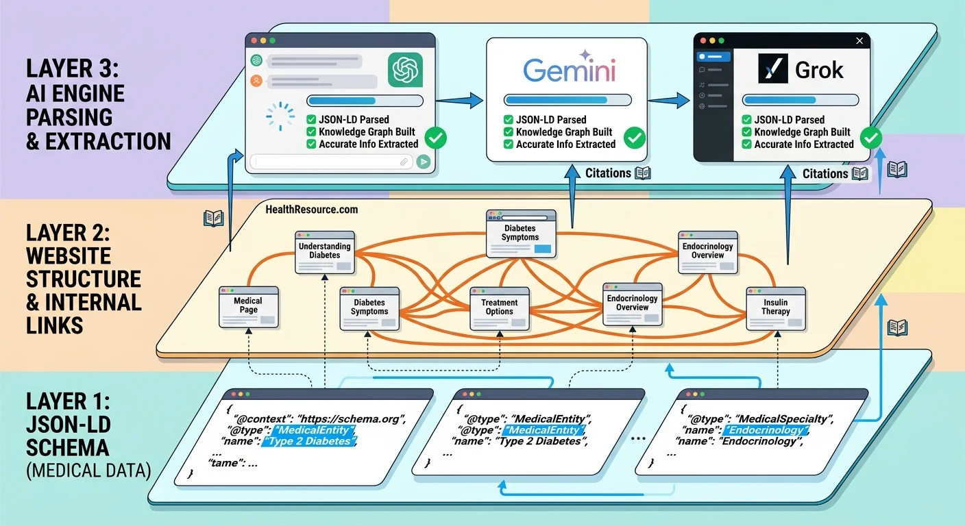 how a semantic entity hub works with structured data internal linking and AI parsing