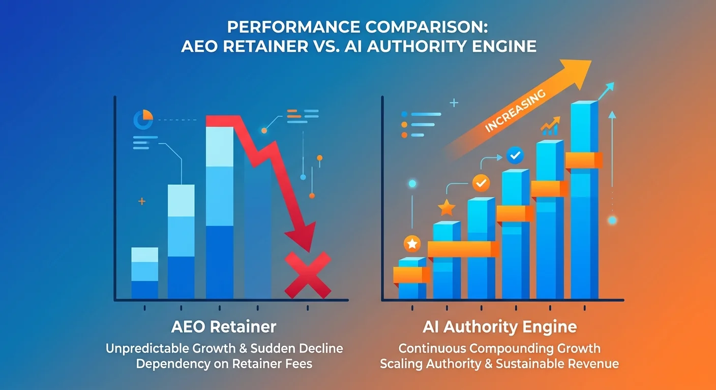 side by side comparison of AI Authority Engine compounding growth versus AEO retainer decay