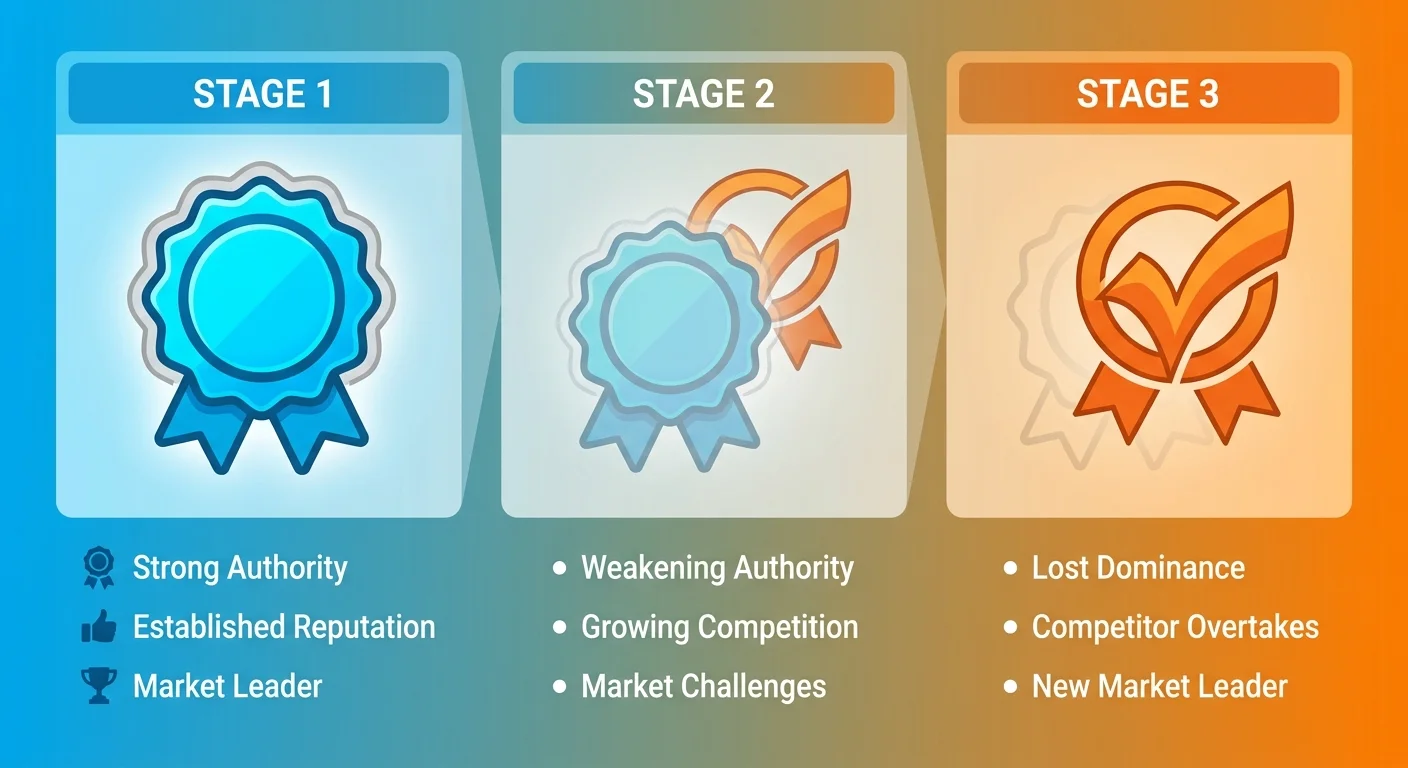 three stages of AEO authority decay from dormancy to displacement to invisibility
