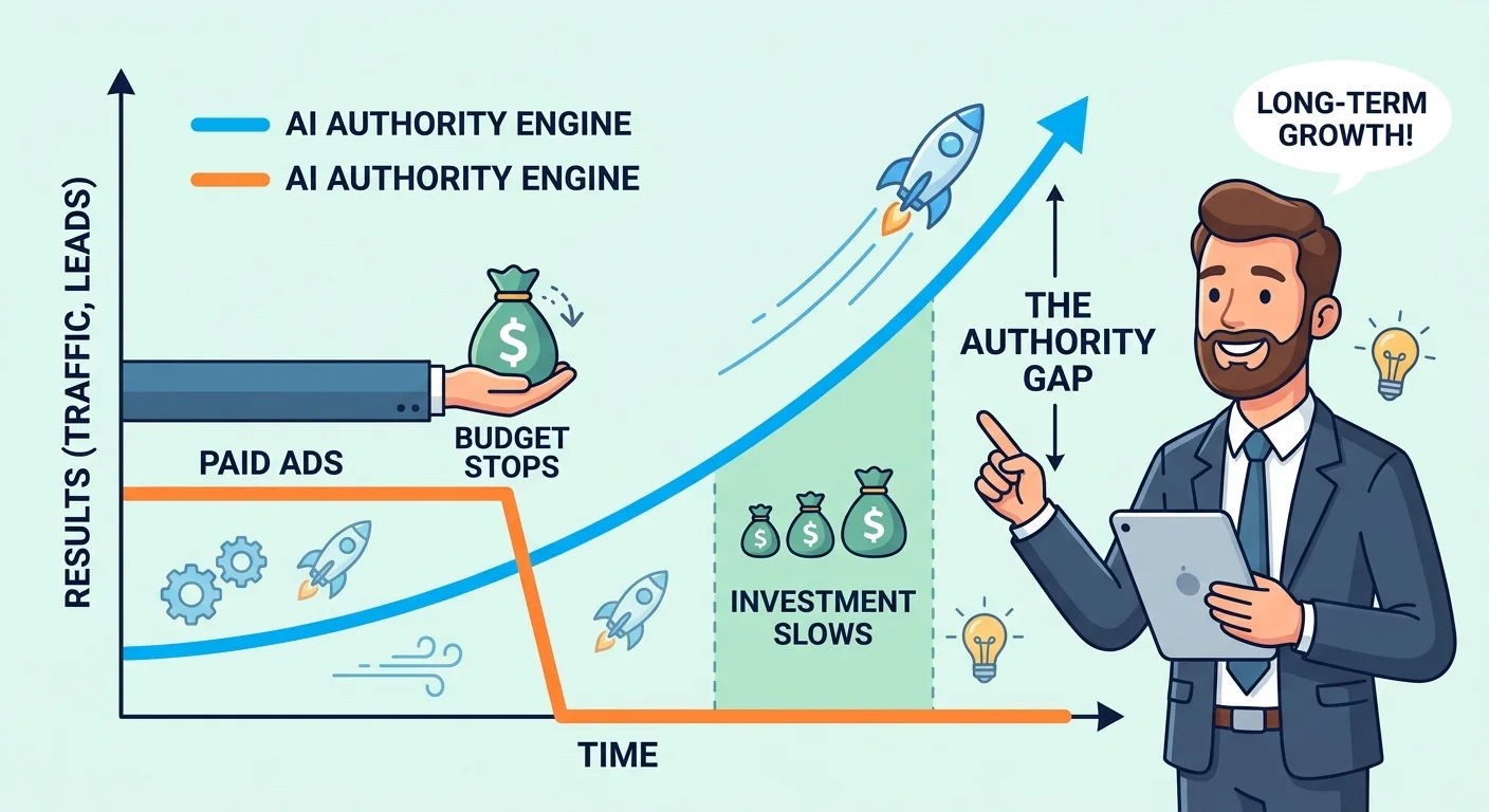 AI Authority Engine compounding growth curve versus flat paid ads trajectory over time