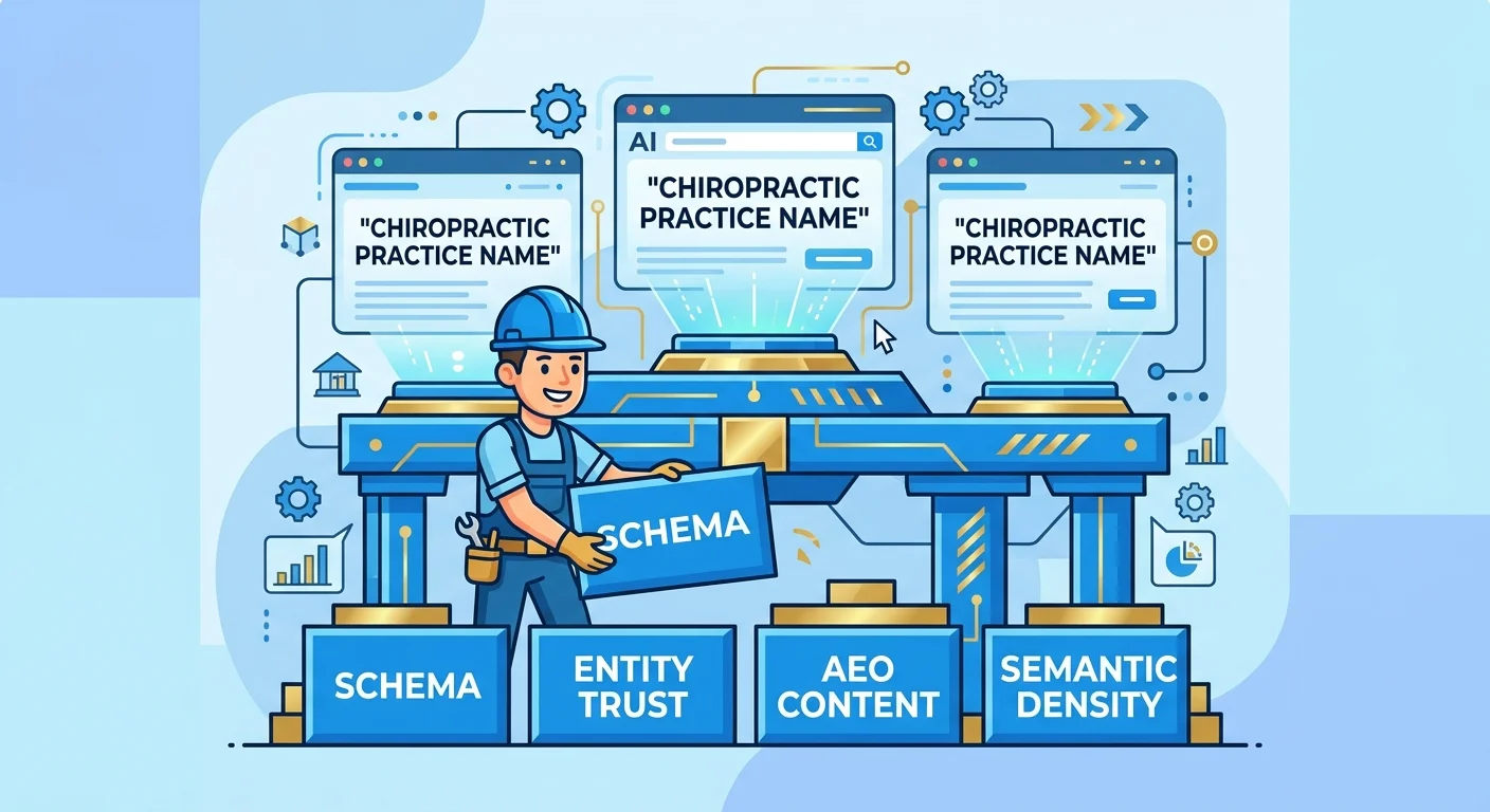 AI authority infrastructure build showing entity trust signals leading to chiropractic AI recommendation