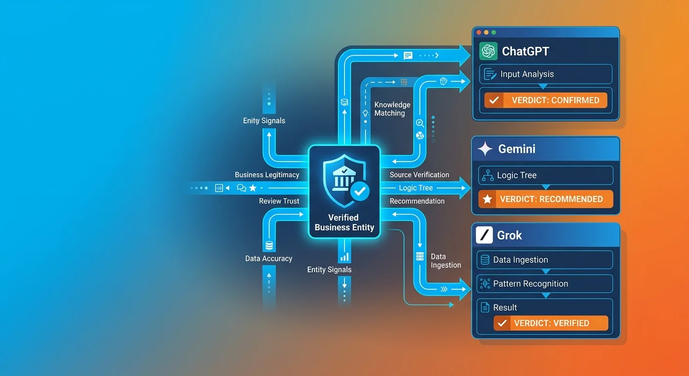 AI recommendation process showing entity trust signals flowing to multiple AI engines