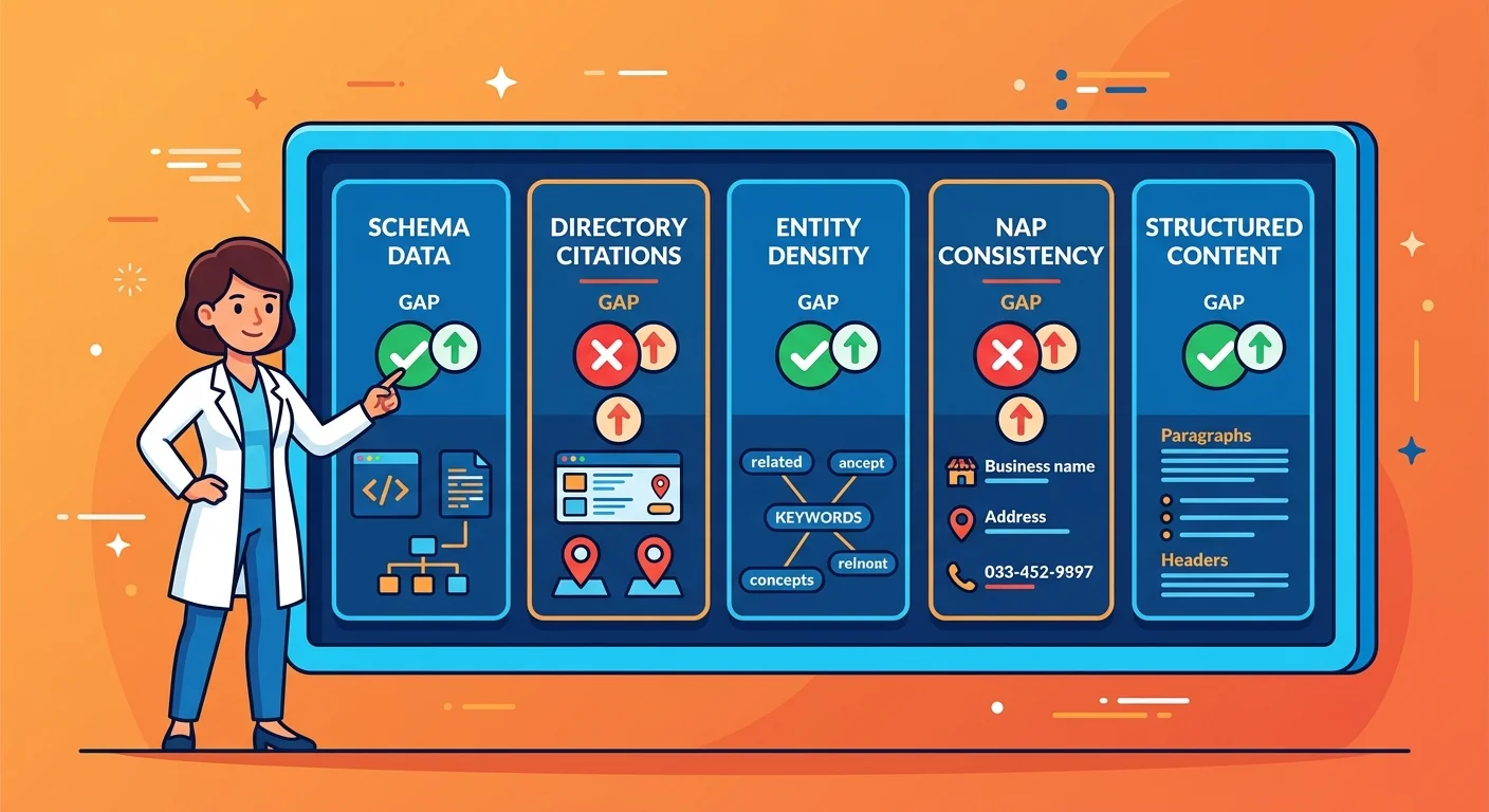 AI visibility audit dashboard showing five practice gaps blocking AI engine recommendations