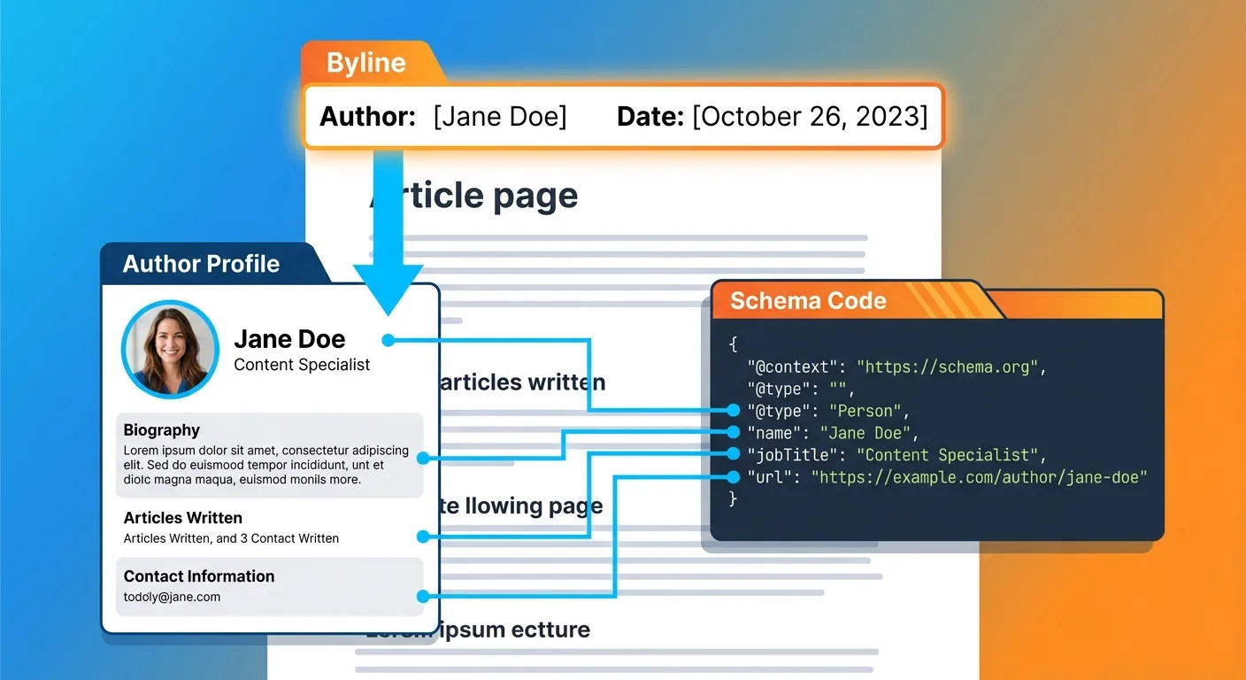 Article byline linking to author page and Schema binding for entity trust