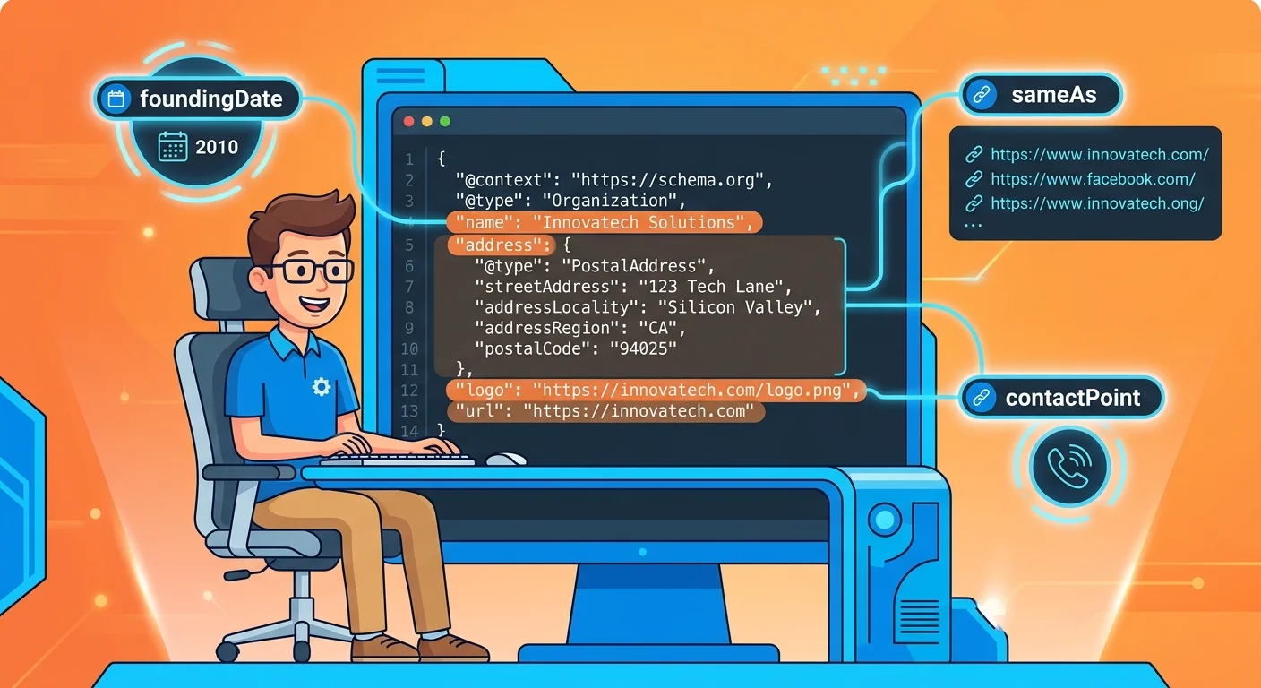 JSON-LD Organization schema structure with labeled properties and implementation example