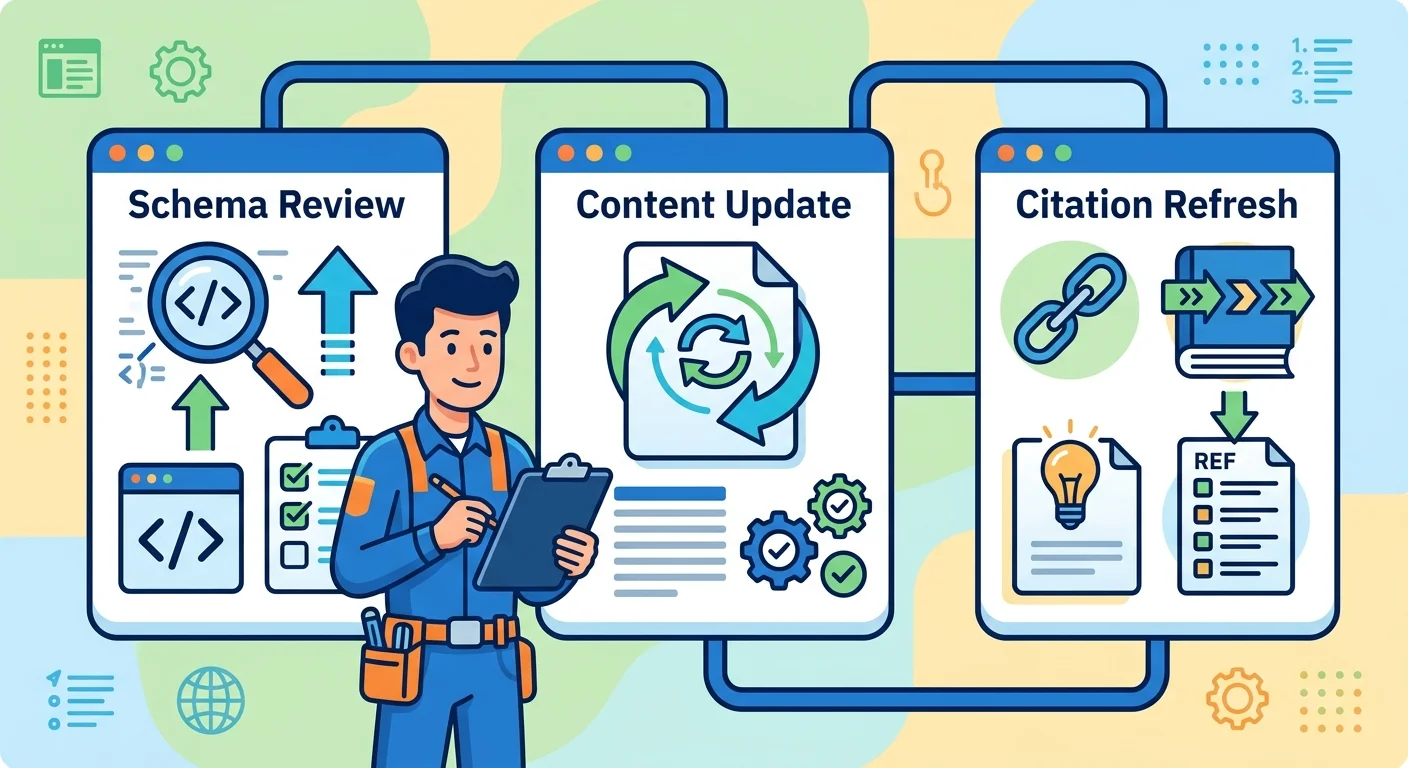 Monthly Authority Engine refresh cycle showing schema review content update and citation refresh tasks