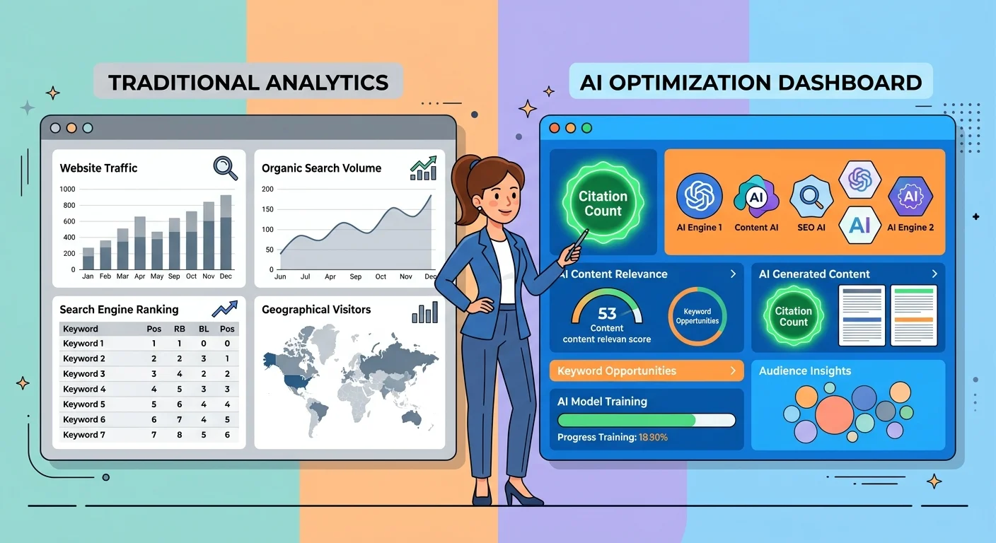 Side-by-side comparison of traditional website vanity metrics versus Authority Engine AI citation tracking