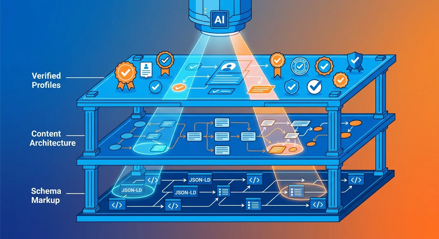 Three layered AI Authority Infrastructure showing schema markup content architecture and verified entity profiles
